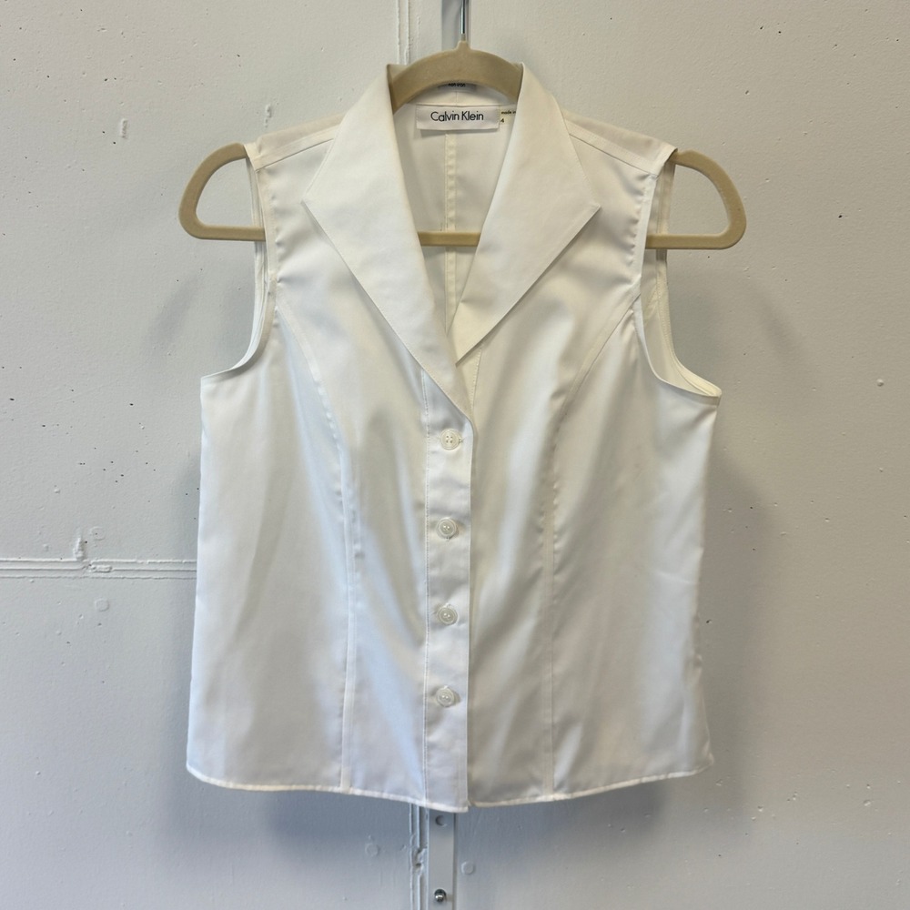 Calvin Klein Womens White Non-Iron Cotton Sleeveless Button Down Blouse Size 4